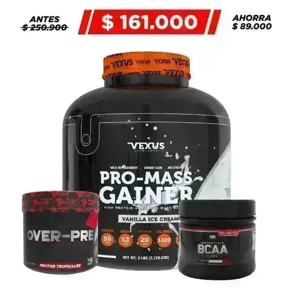 Pro-Mass Gainer 6 lb + BCAA Powder 40 serv + Over Pre 45 serv - Zona FIT