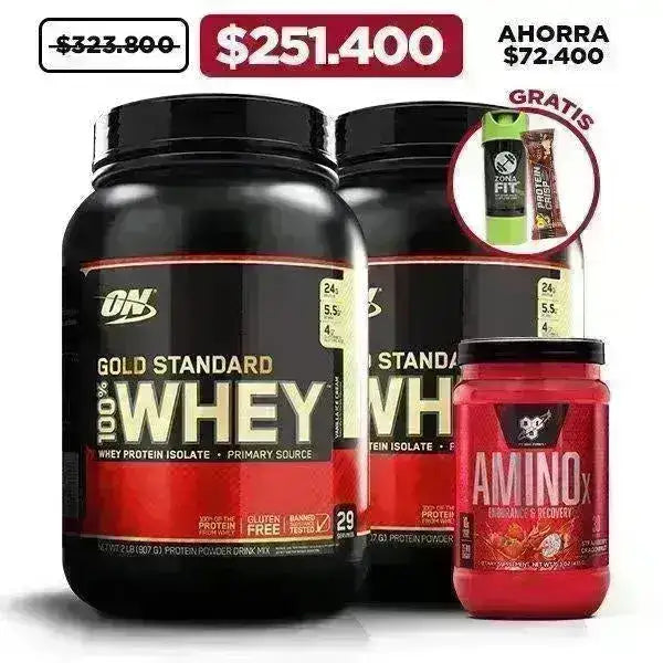 2 Unid. Gold Standard 100% Whey 2 lb + Amino X 30 serv. + Obsequios - Zona FIT