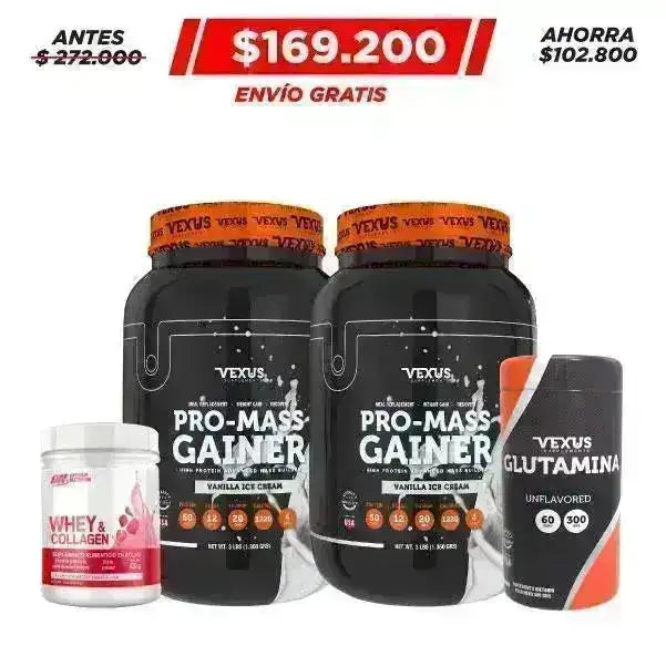 2 Unid Pro-Mass Gainer 3 lb + Whey Collagen 420 gr + Glutamine 30 serv - Zona FIT
