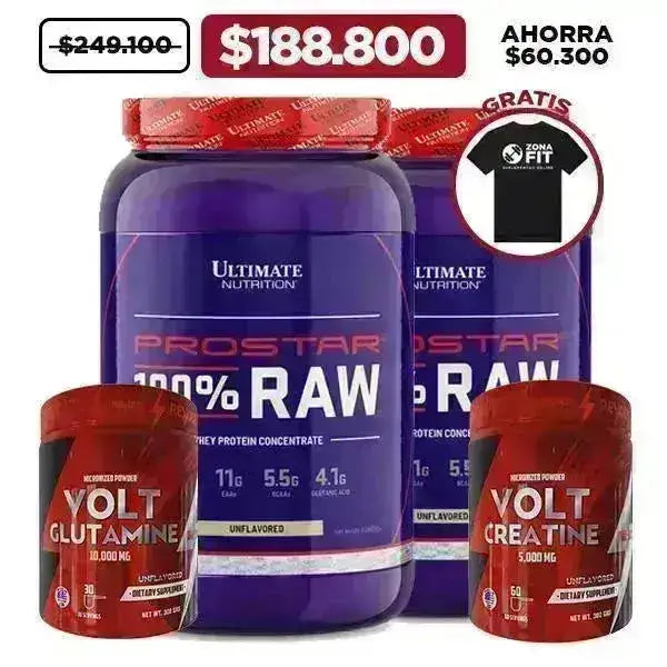 2 Unid. Prostar 100% Raw 2 lb + Creatine 300 gr + Glutamine 300 gr + Obsequio - Zona FIT