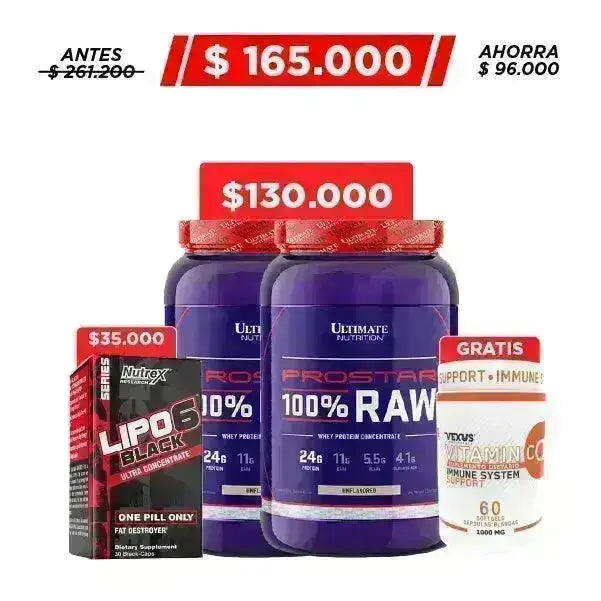 2 Unid. Prostar 100% Raw 2.2 lb + Lipo 6 30 Caps + Obsequio - Zona FIT