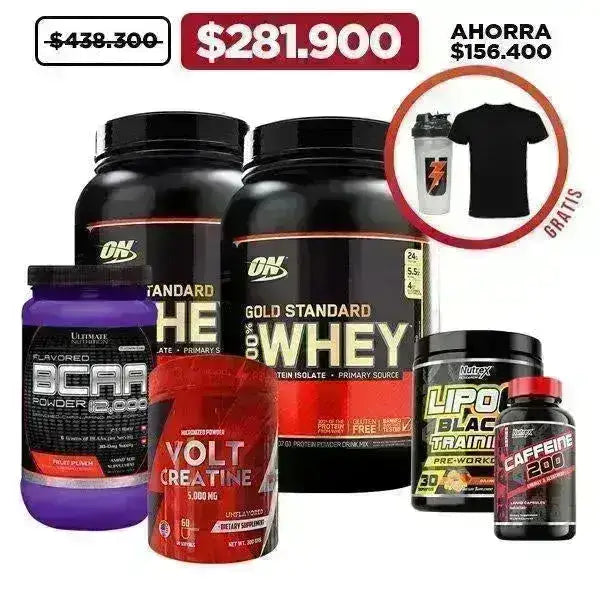 Oferta 2 Unid 100% Whey Gold 2 Lb + Creatina 300 gr + BCAA 30 serv + Lipo 6 Training + Caffeine + Obsequios - Zona FIT