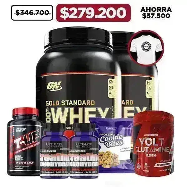 2 Unid. Gold Standard 2 lb + 2 Unid. Creatine 120 gr + Glutamine 300 gr + T-UP 120 caps + Obsequios - Zona FIT