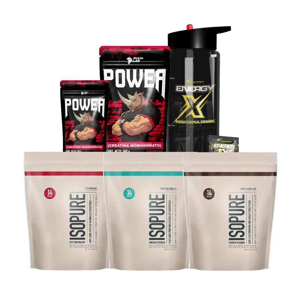 3 unid Isopure 1 lb + Energy X 25 sobres + Creatina Power 500 g y 150 g