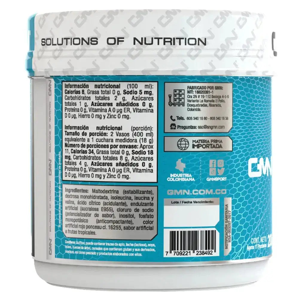 Etiqueta trasera de suplemento nutricional GMN con información nutricional, ingredientes y fabricación en Colombia