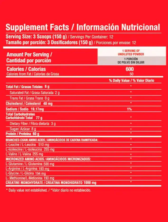 Tabla nutricional de suplemento con proteína, aminoácidos ramificados y creatina para fitness y deporte