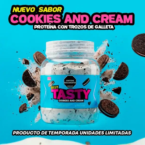 Proteína sabor Cookies and Cream con trozos de galleta, producto de temporada limitado