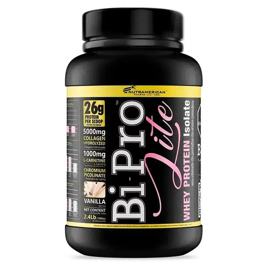 Suplemento Bi-Pro Lite de proteína aislada de suero, colágeno hidrolizado y L-carnitina, sabor vainilla