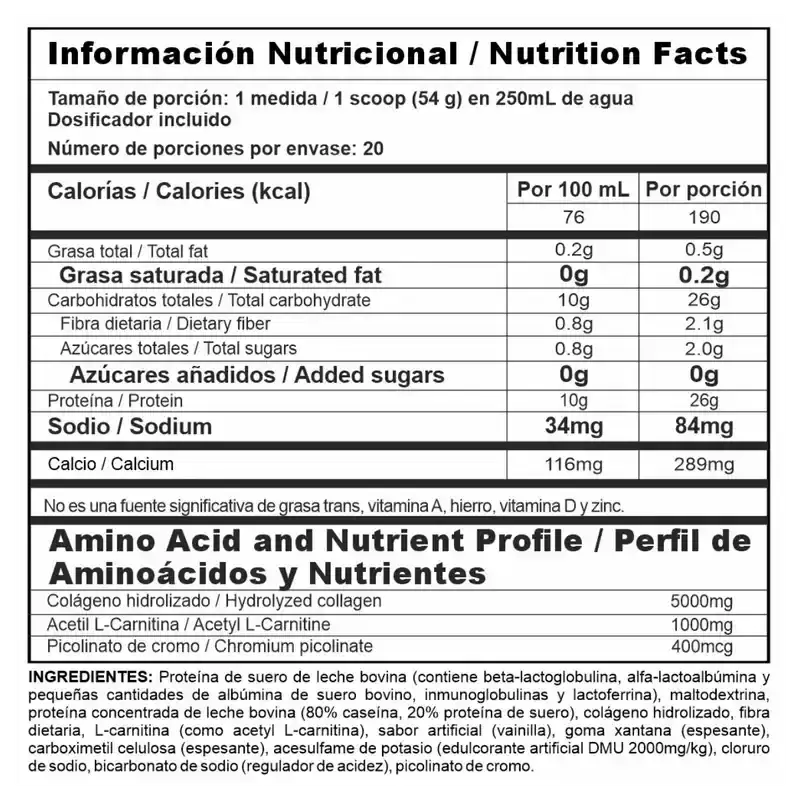 Tabla nutricional de proteína con colágeno hidrolizado, L-carnitina y aminoácidos para fitness