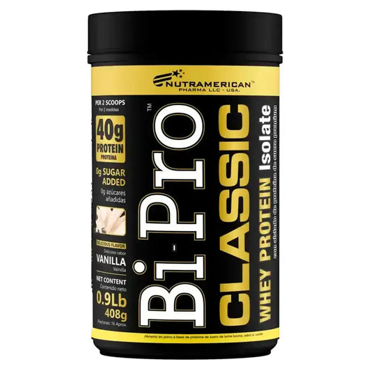 Proteína whey isolate Bi-Pro Classic sabor vainilla, 40g de proteína por porción, sin azúcar añadido