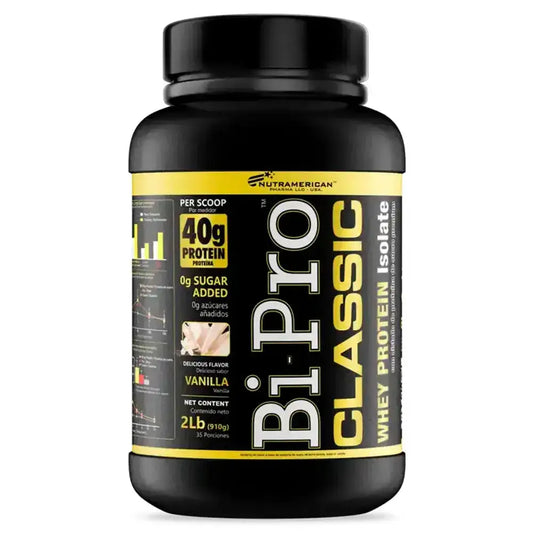 Proteína Bi-Pro Classic sabor vainilla, 40g de proteína por porción, sin azúcares añadidos, suplemento deportivo