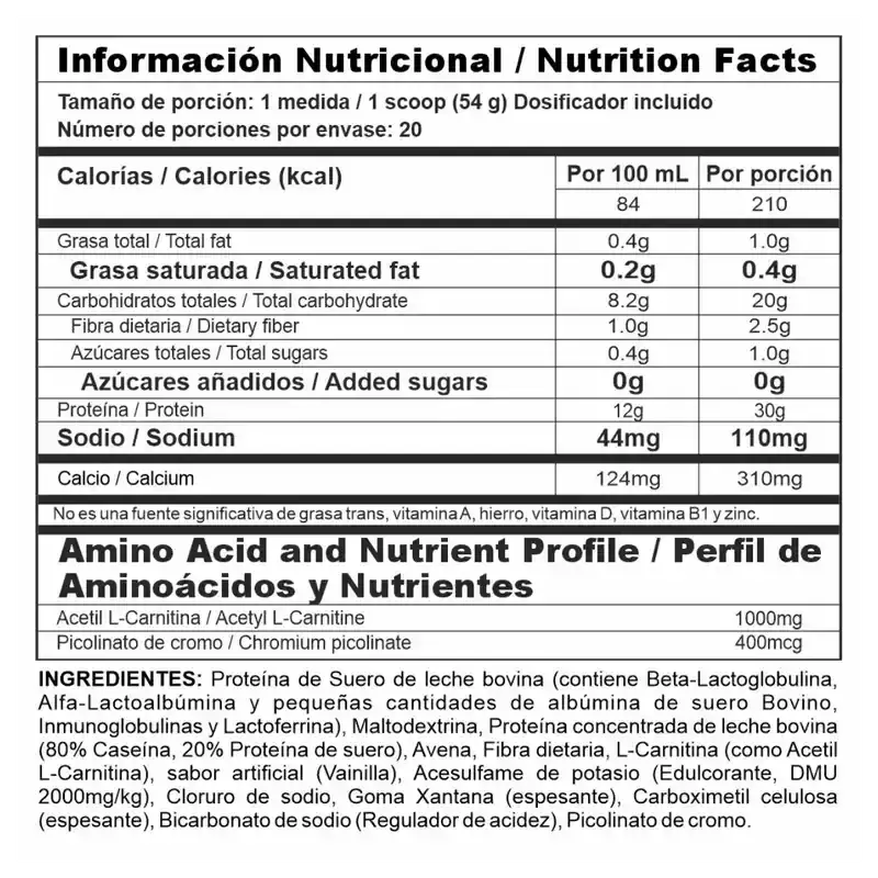 Tabla nutricional de proteína con aminoácidos, creatina y vitaminas para fitness y deporte