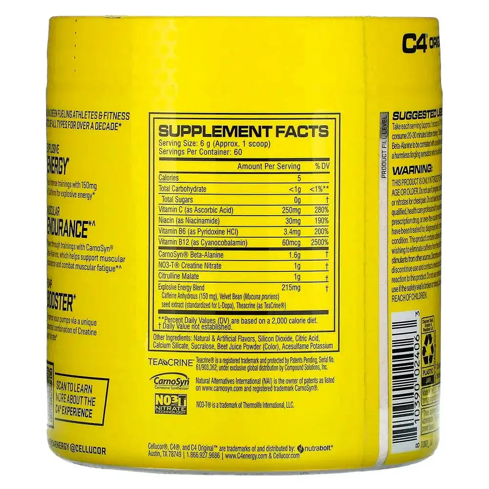 Etiqueta de suplemento C4 Original con ingredientes, hechos nutricionales y advertencias para entrenamiento fitness