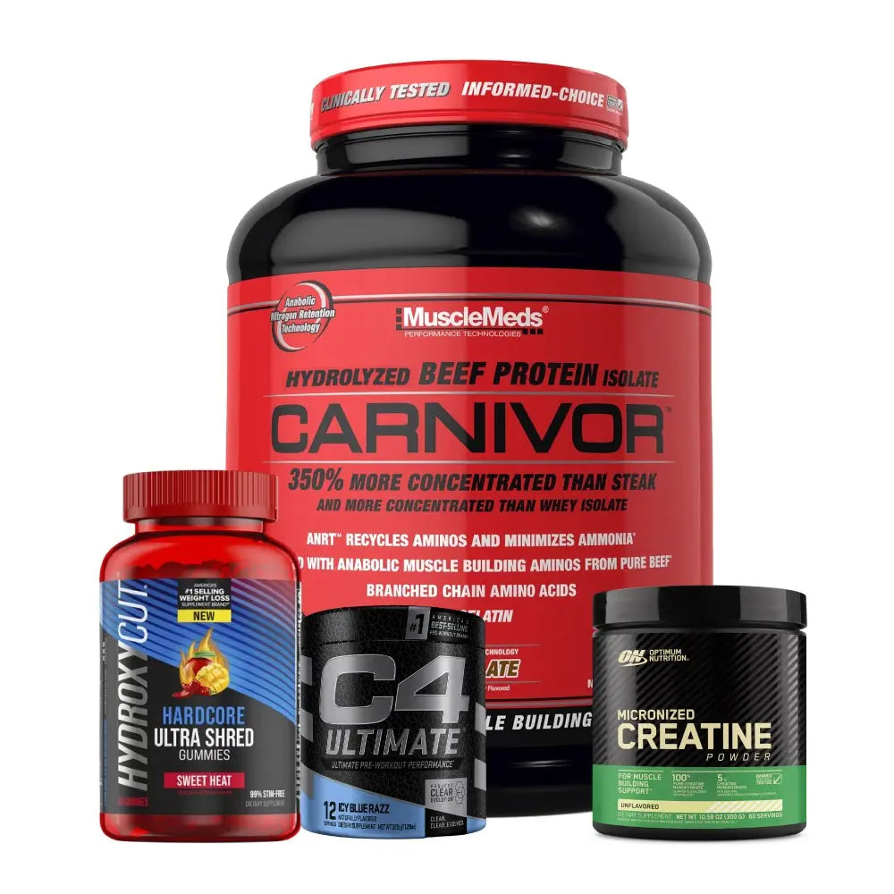 Carnivor 4 LB + Creatine Optimum 60 Serv + Hydroxycut 60 gomas + C4 Ultimate 12 Serv
