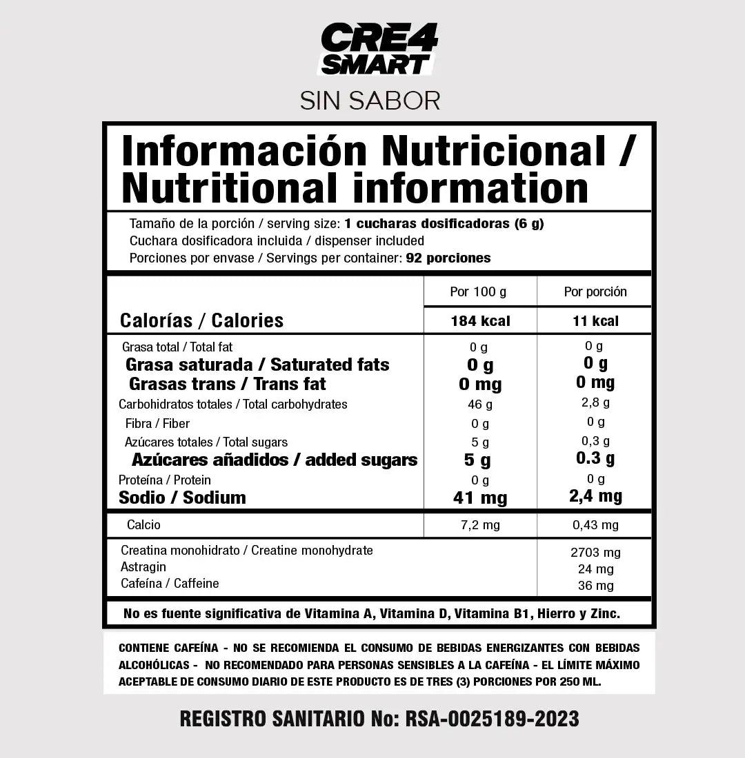 Tabla nutricional CRE4 Smart sin sabor, con creatina monohidrato y cafeína, ideal para suplementos deportivos en Colombia