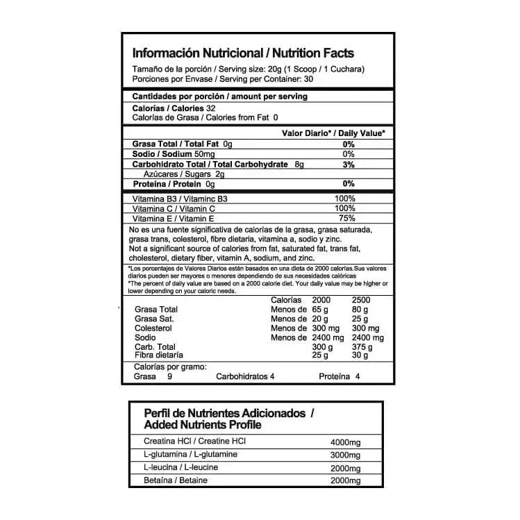 Tabla nutricional de suplemento con creatina, L-glutamina y betaína para fitness y deporte