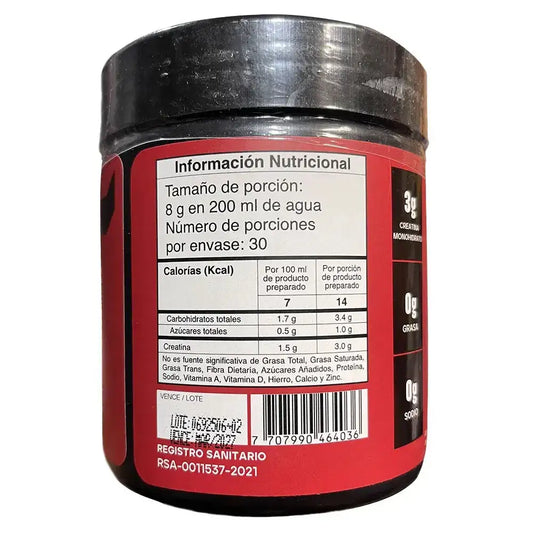 Etiqueta nutricional de suplemento con creatina monohidrato, 3g por porción, sin grasa ni sodio, ideal para fitness