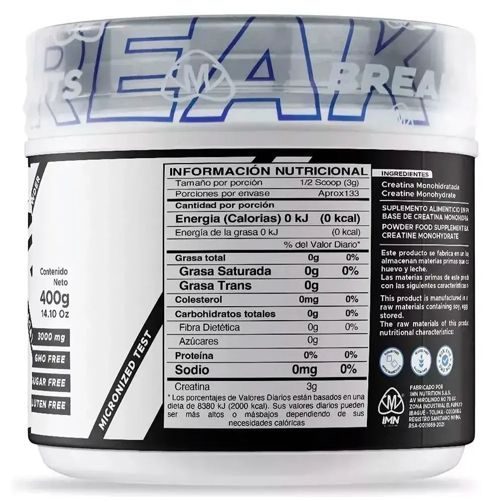 Suplemento de creatina monohidrato 400g, sin azúcar ni gluten, ideal para fitness y entrenamiento