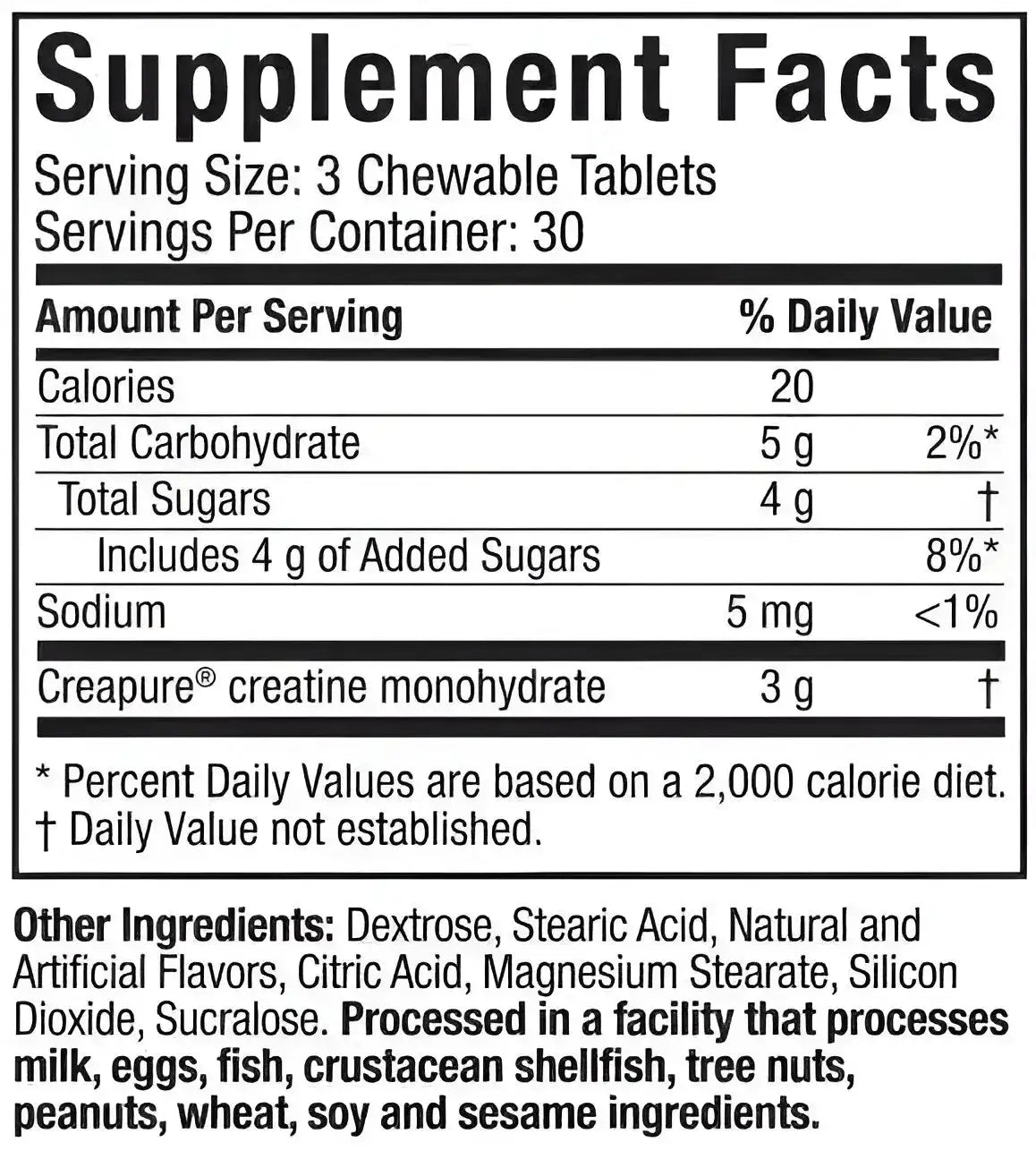 Tabla de hechos nutricionales de creatina monohidrato Creapure® en tabletas masticables para suplementos deportivos