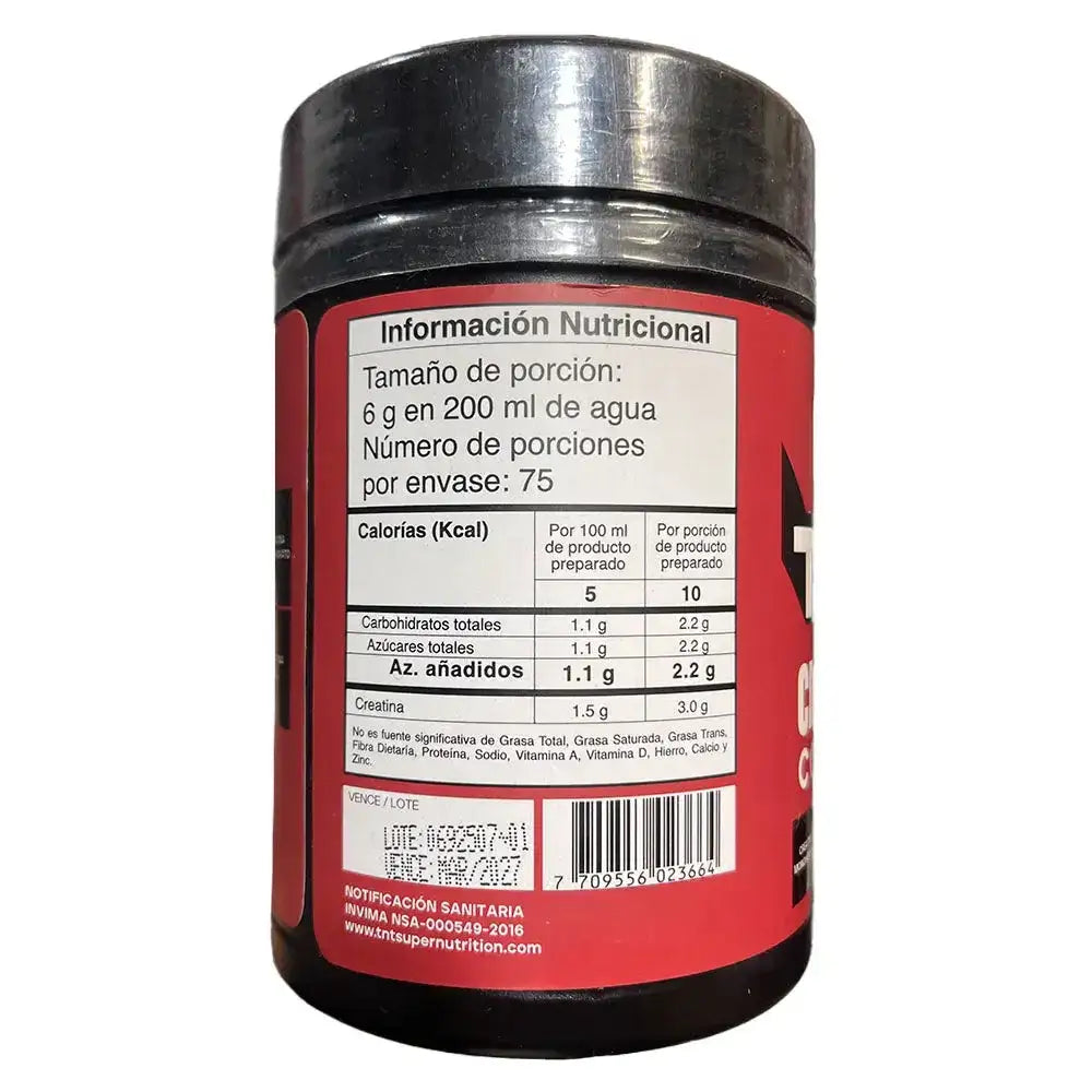 Etiqueta nutricional de suplemento con creatina, porciones y valores por 6g en agua, ideal para fitness y deporte