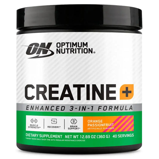Creatina Optimum Nutrition sabor naranja maracuyá, fórmula 3 en 1 para fuerza muscular y recuperación