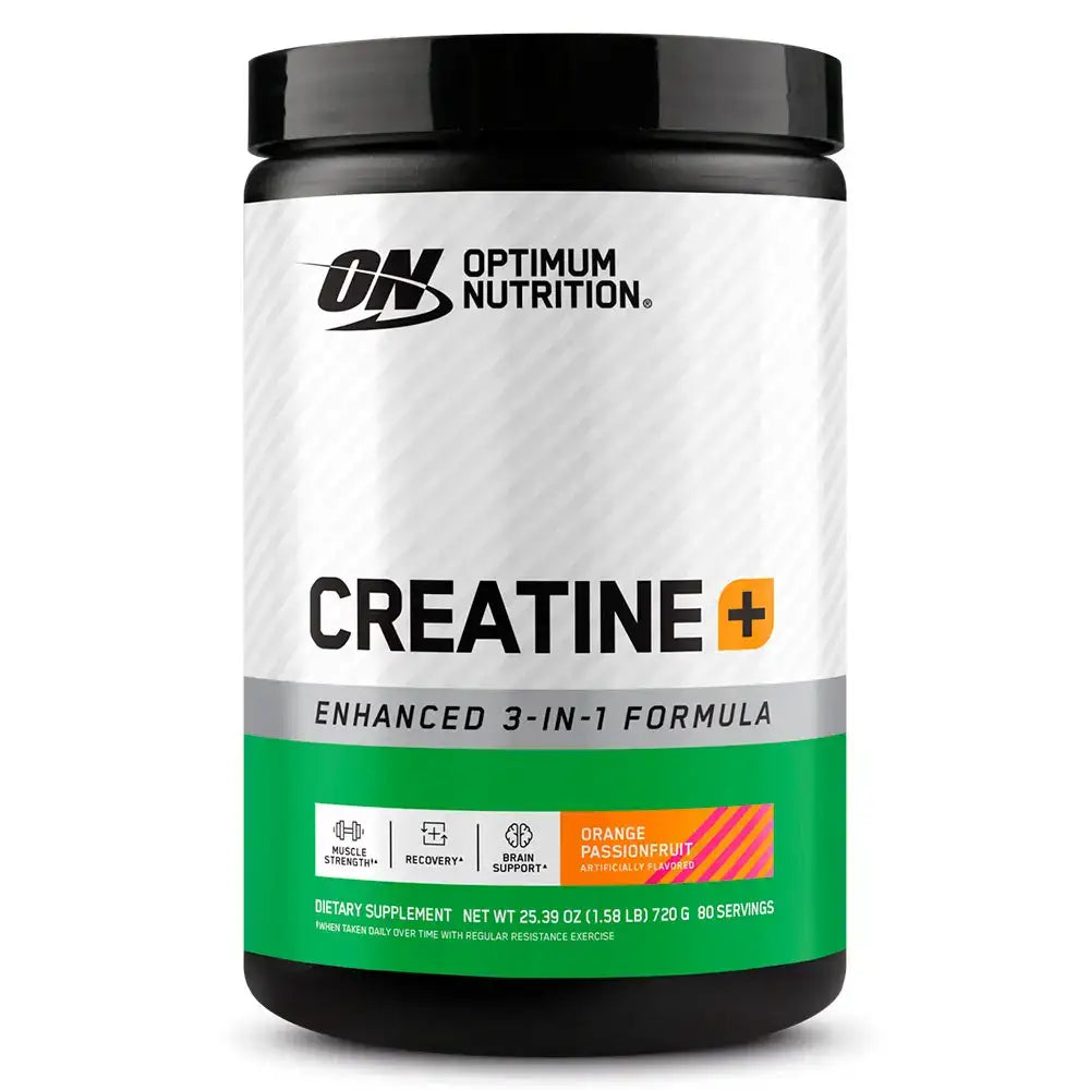 Creatina Optimum Nutrition sabor naranja maracuyá, fórmula 3 en 1 para fuerza muscular y recuperación