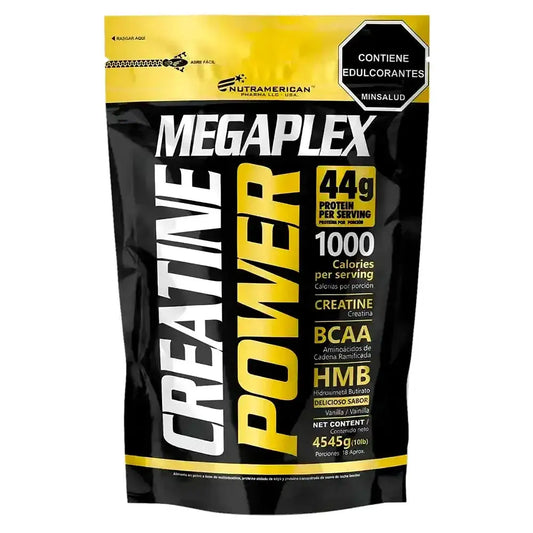 Suplemento Megaplex Creatine Power con 44g proteína y creatina, sabor vainilla, ideal para fitness y entrenamiento