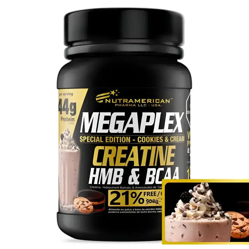 Suplemento Megaplex Creatina HMB BCAA sabor Cookies & Cream, 44g proteína por porción, edición especial