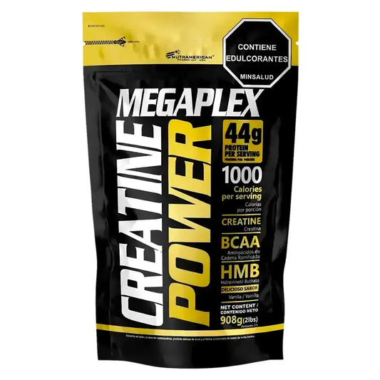 Suplemento Creatine Power Megaplex con 44g proteína, BCAA, HMB y 1000 calorías por porción, sabor vainilla