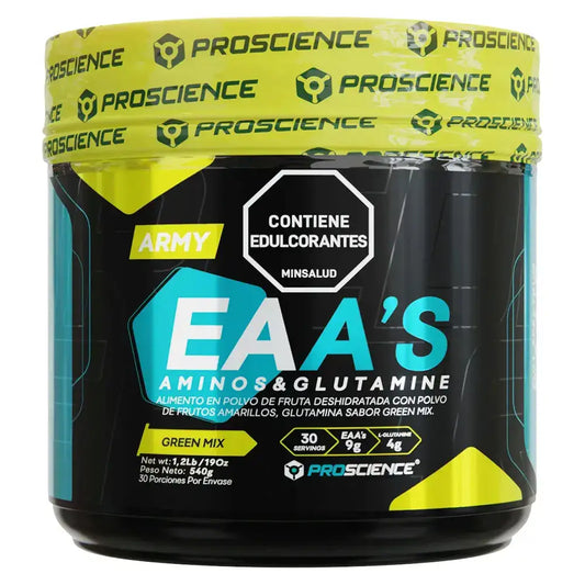 Suplemento ProScience EAA's Aminos & Glutamina sabor Green Mix, 30 porciones, ideal para fitness y entrenamiento
