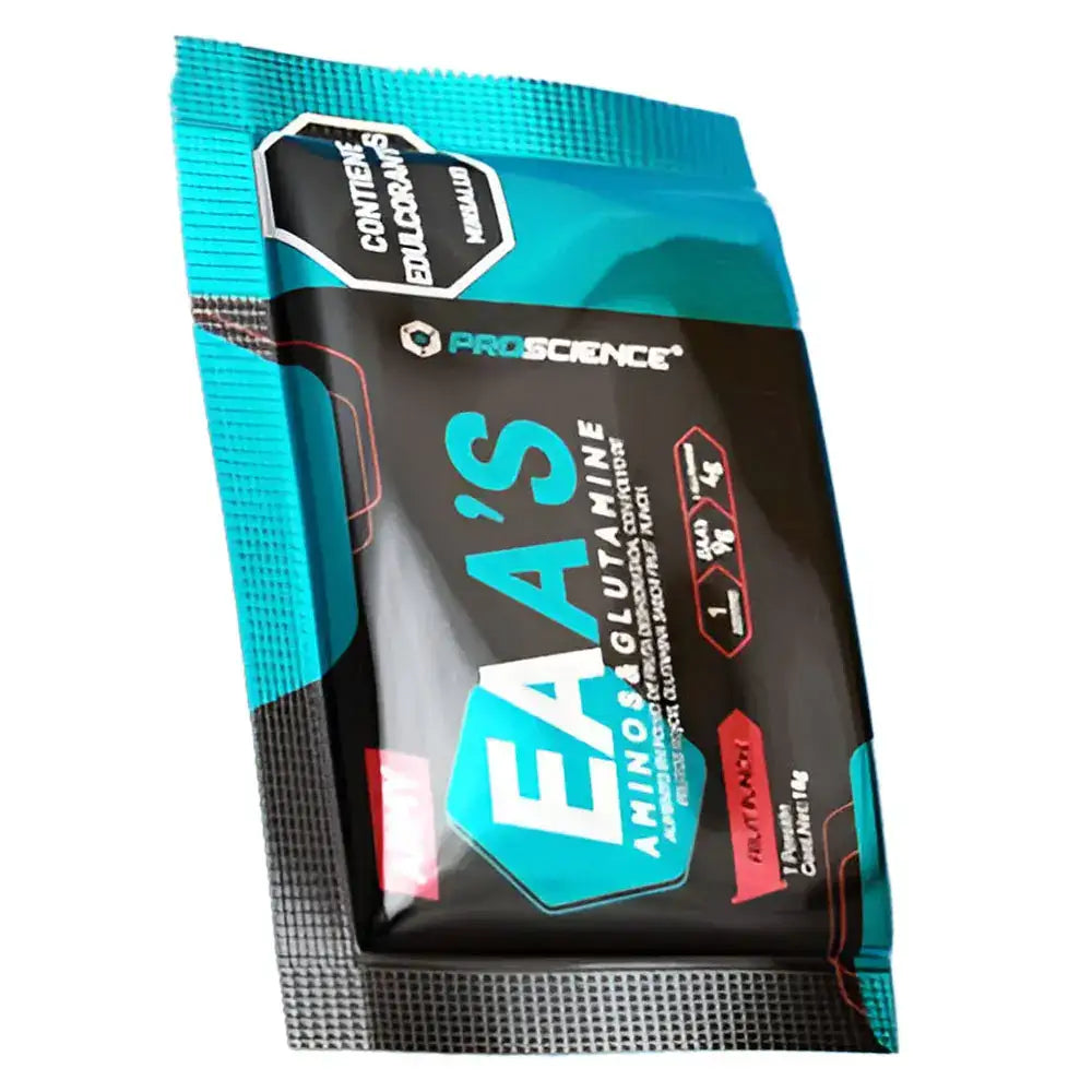 Sobres de EAA's y Glutamina ProScience para recuperación muscular y rendimiento deportivo