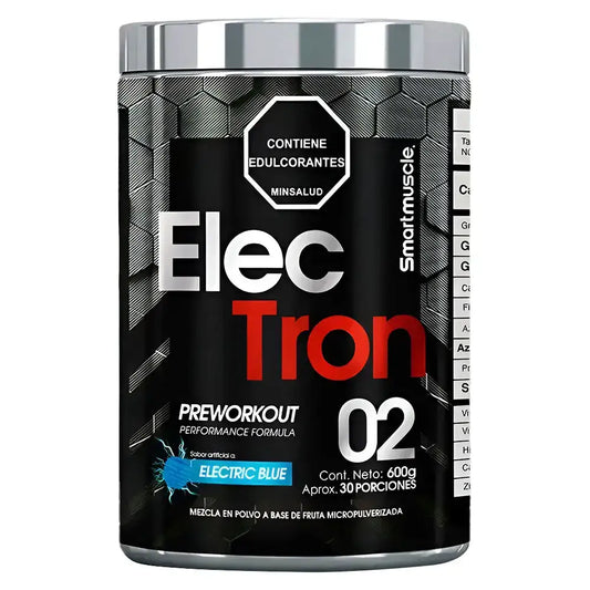Electron 02 preworkout sabor Electric Blue, fórmula de rendimiento, 600g, 30 porciones, Smartmuscle
