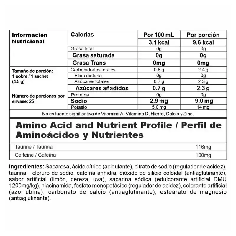 Tabla nutricional de suplemento con aminoácidos, cafeína y taurina para fitness
