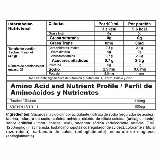 Tabla nutricional de suplemento con aminoácidos, cafeína y taurina para fitness