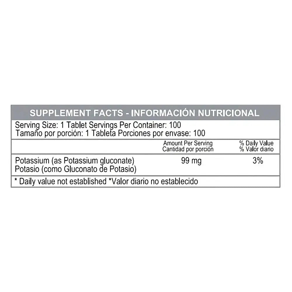 Tabla de hechos nutricionales de suplemento con potasio, 99 mg por tableta, ideal para fitness y deporte