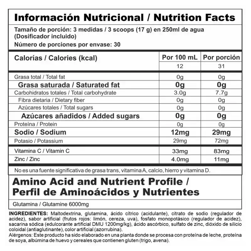 Tabla nutricional de suplemento con aminoácidos y vitaminas, ideal para fitness y deporte en Colombia