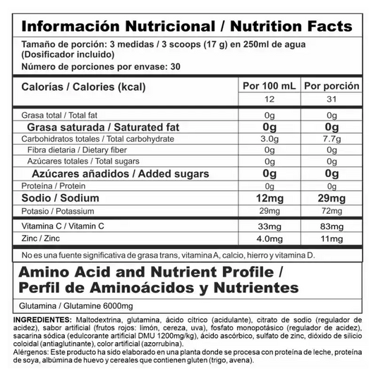 Tabla nutricional de suplemento con aminoácidos y vitaminas, ideal para fitness y deporte en Colombia