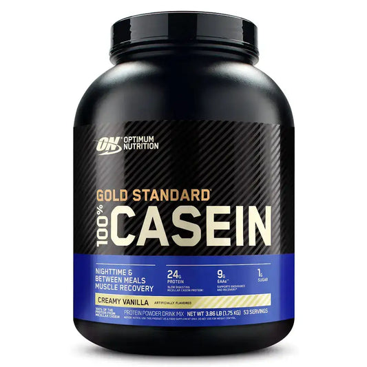 Proteína Caseína Gold Standard 100% sabor Vainilla Crema, suplemento para recuperación muscular nocturna
