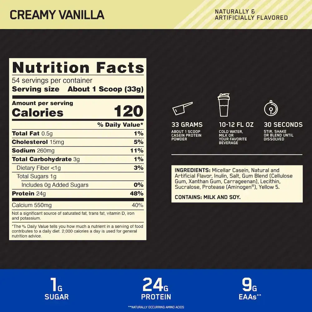 Etiqueta nutricional de proteína de suero sabor vainilla cremosa, 24g de proteína y 1g de azúcar por porción