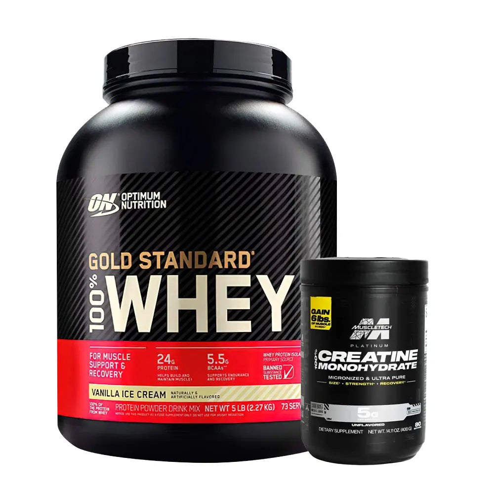 Suplementos deportivos: proteína whey Gold Standard y creatina monohidrato para masa muscular y recuperación