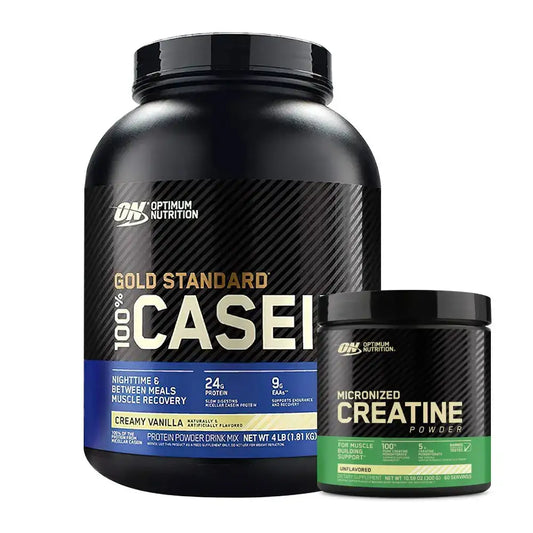Proteína Gold Standard 100% Caseína sabor vainilla y creatina micronizada para recuperación muscular y construcción de masa