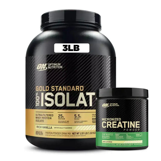 Proteína aislada Gold Standard 3LB y creatina micronizada Optimum Nutrition para ganar masa muscular