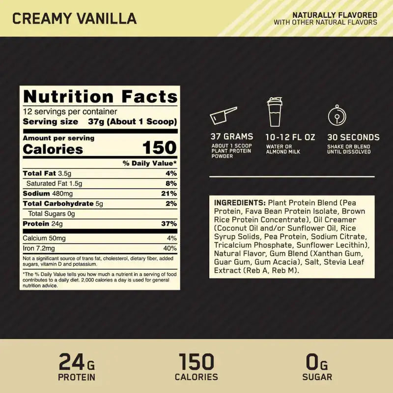 Etiqueta nutricional de proteína vegetal sabor vainilla cremosa, 24g proteína, 150 calorías, 0g azúcar