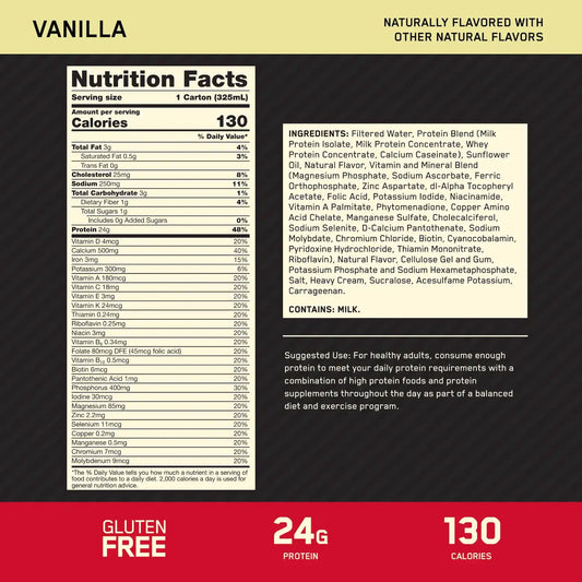 Batido proteico sabor vainilla, 24g proteína, 130 calorías, sin gluten, ideal para fitness y suplementación
