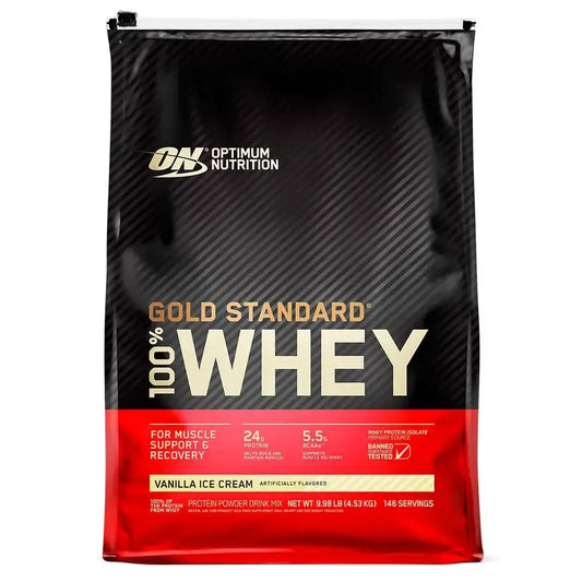 Proteína Whey Gold Standard sabor Vainilla, 24g proteína por porción, ideal para recuperación muscular