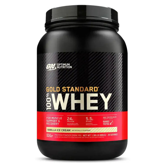 Proteína en polvo Optimum Nutrition Gold Standard 100% Whey sabor vainilla para apoyo muscular y recuperación