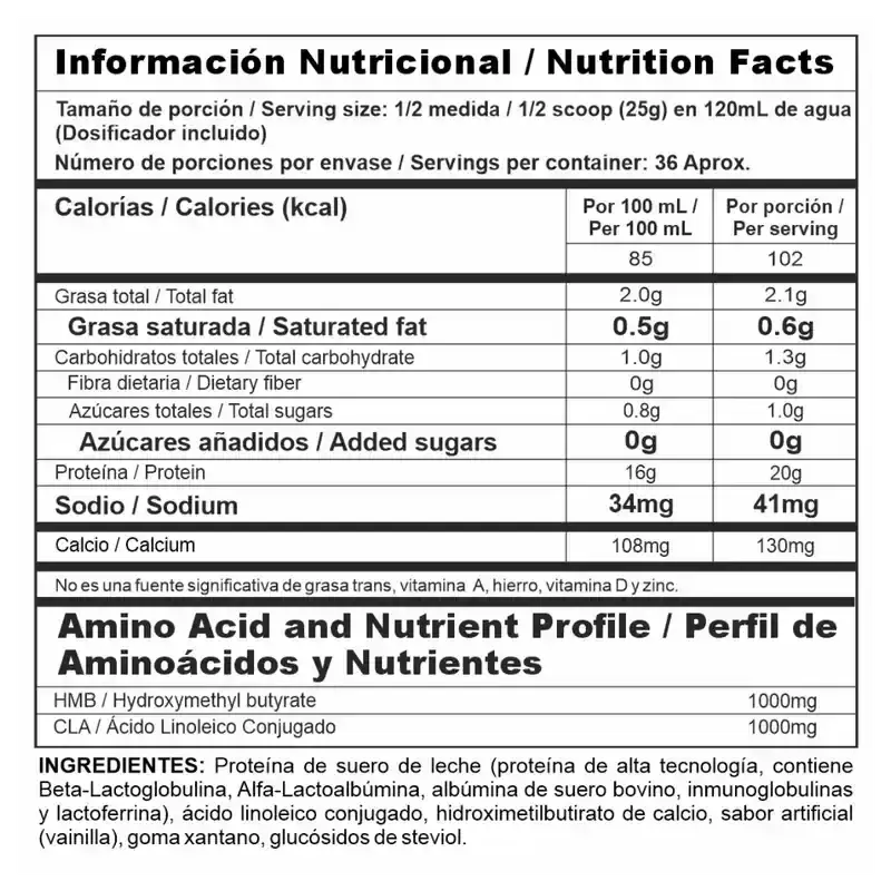 Tabla nutricional de proteína con aminoácidos, creatina y vitaminas para fitness y deporte
