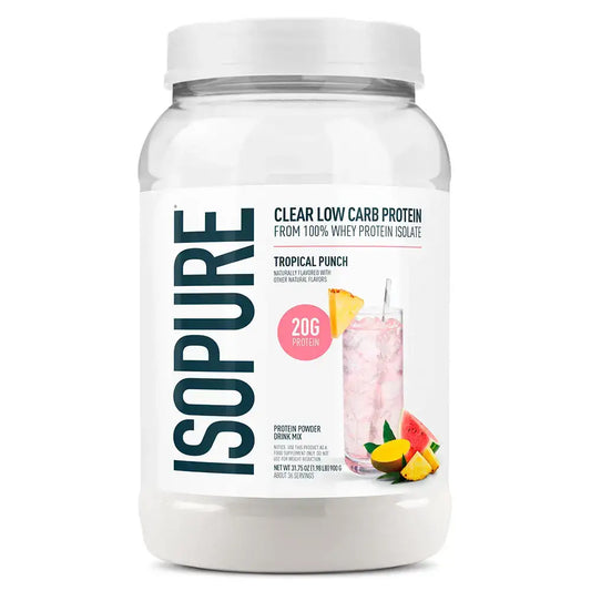 Isopure proteína en polvo sabor punch tropical, 20g de proteína por porción, bajo en carbohidratos