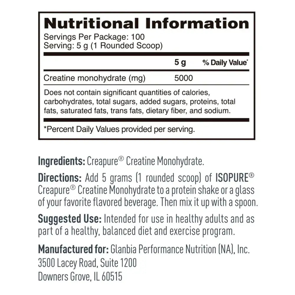 Etiqueta de información nutricional de creatina monohidrato, 5g por porción, ideal para suplementos deportivos y entrenamiento.