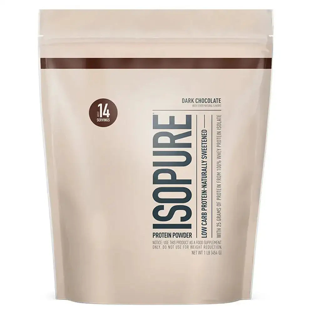 Polvo de proteína Isopure sabor chocolate oscuro, bajo en carbohidratos y endulzado naturalmente